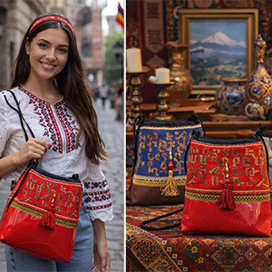 Leather handbag with Armenian fabric