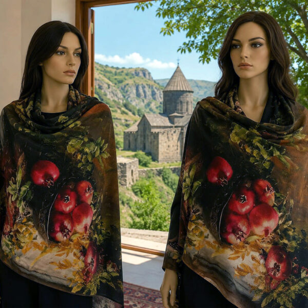 Armenian Scarf Traditionally stamped pomegranates stylized design on cashmere